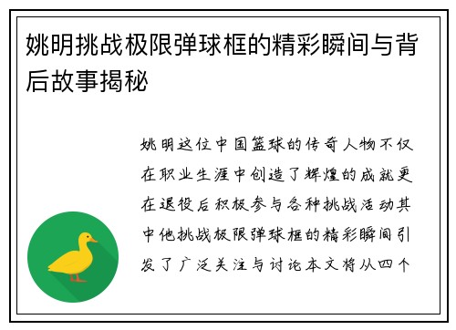 姚明挑战极限弹球框的精彩瞬间与背后故事揭秘